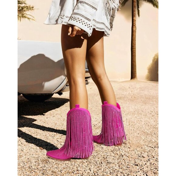 Women's Western Rhinestone Sparkly Fringe Chunky Heel Pointed Toe Ankle Boots - Picture 3 of 7